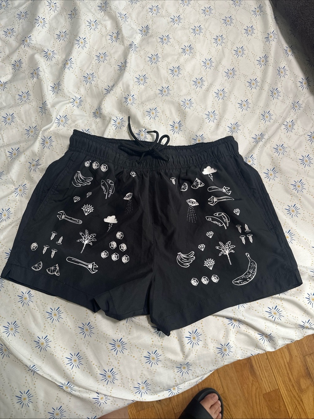 Mens H&m Graphic Swim Trunks Board Black Shorts Size Small